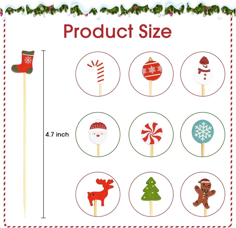 KFJBPB 100PCS Christmas Cocktail Picks 4.7 Inch, Fancy Toothpicks for Appetizers Xmas Tree Snowman Santa Decorative Party Toothpicks Food Sandwich Picks Fruit Skewers for Christmas Party Supplies - Image 2
